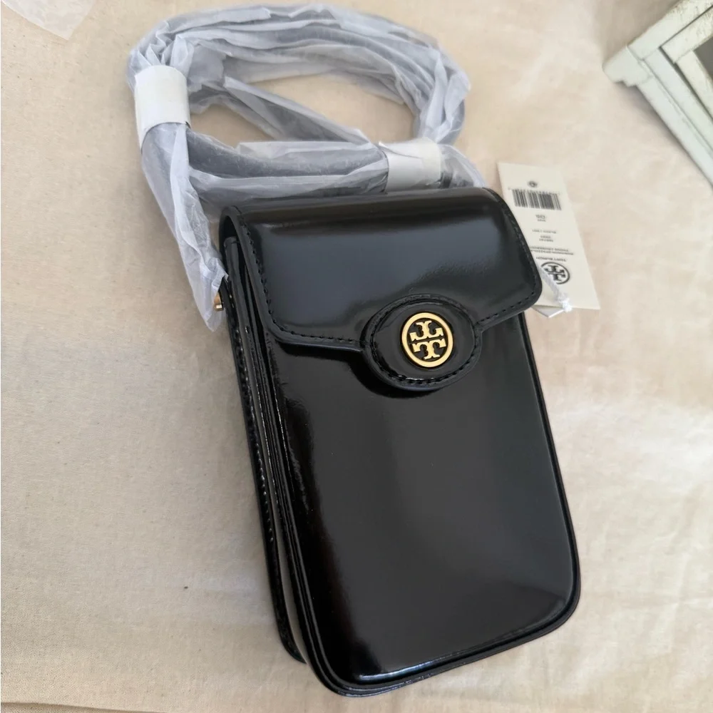 NEW Tory Burch Robinson Spazzolato Phone Crossbody - Leather - Black